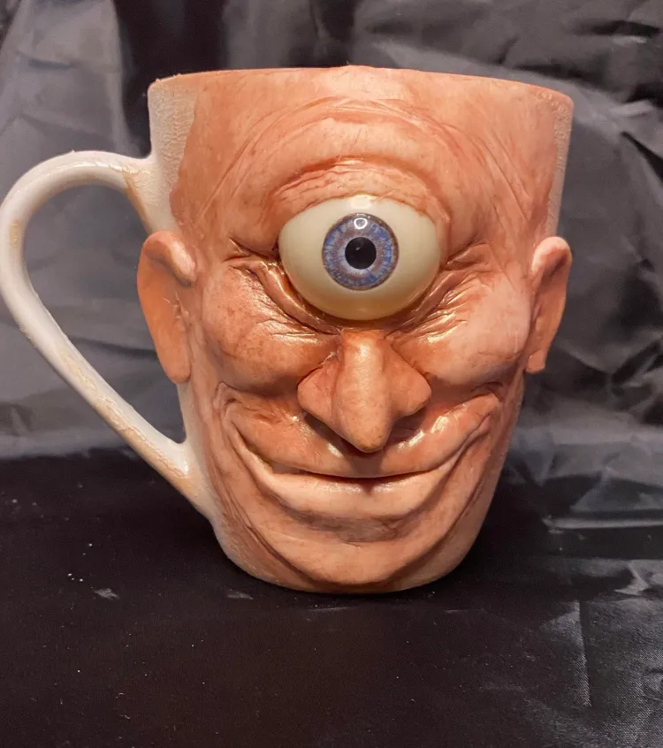 Happy Bug-Eyed Cyclops Ugly-Mug: A Unique Handmade Sculpture, perfect for a Holiday gift
